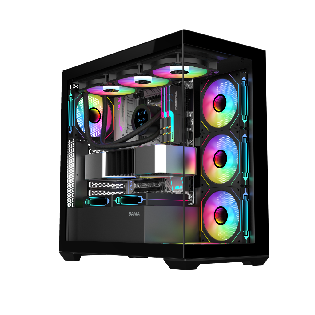 SAMA SV01BK Black, B750BK 750W, 80+ Bronze, PCIE 5.1, ATX3.1, Tempered Glass Panel, Panoramic Tasarım, Type-C, 4x120mm ARGB Fan, ATX, GAMING KASA