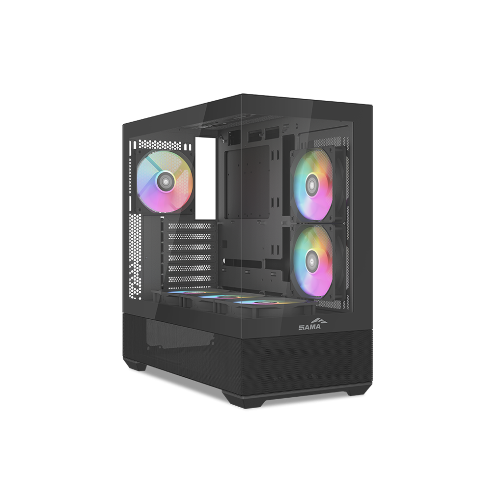 SAMA V40BK Black, B750BK 750W, 80+ Bronze, PCIE 5.1, ATX3.1, Tempered Glass Panel, Panoramic Tasarım, Type-C, 6x120mm ARGB Fan, ATX, GAMING KASA
