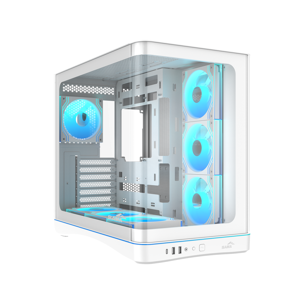SAMA V62WH White, G1000WH 1000W, 80+ Gold, Full Modüler, PCIE 5.1, ATX3.1, Tempered Glass Panel, Panoramic Tasarım, Type-C, 7x120mm ARGB INFINITY Fan, ATX, GAMING KASA