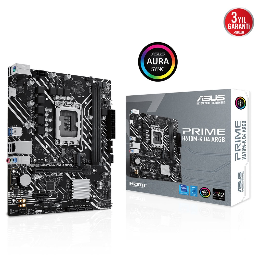 ASUS PRIME H610M-K D4 ARGB, 2xDDR4, M.2, HDMI, 12-13.14.Nesil, LGA1700 Soket, Anakart