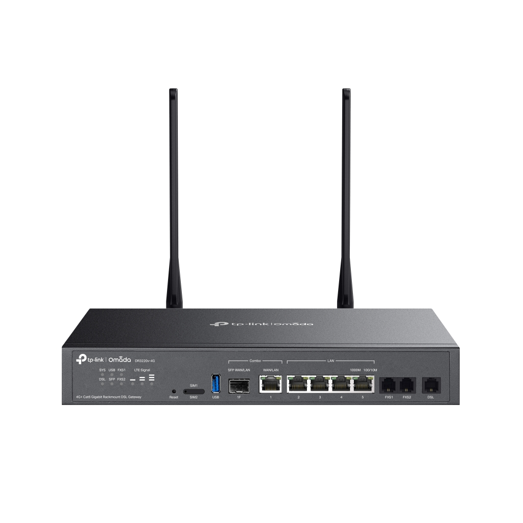 OMADA DR3220v-4G, 4 Port, 4G+Cat6 2,4Ghz, 1 Combo SFP Port, 2 FXS Port, Sim Yuvalı, Gigabit Rackmount DSL Gateway