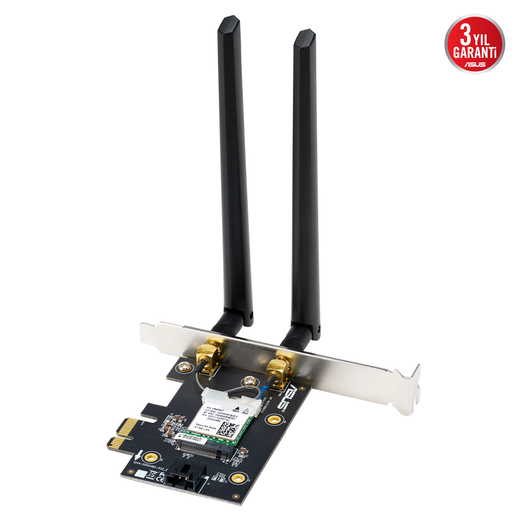 ASUS PCE-BE6500, BE6500, 2xAnten, 6500Mbps, Tri-Bant, 6GHz WİFİ 7, Bluetooth v5.4, WPA3, PCI-Express x1, PCIe Adapter