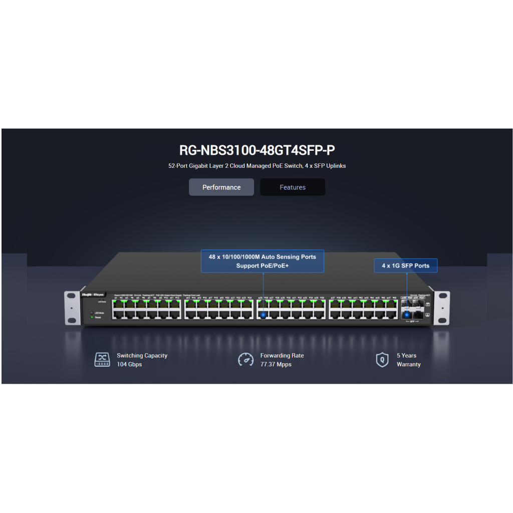 RUIJIE REYEE RG-NBS3100-48GT4SFP-P 48 Port GigaBit PoE, 370W, 4Port SFP, L2 Yönetilebilir Switch Metal Kasa