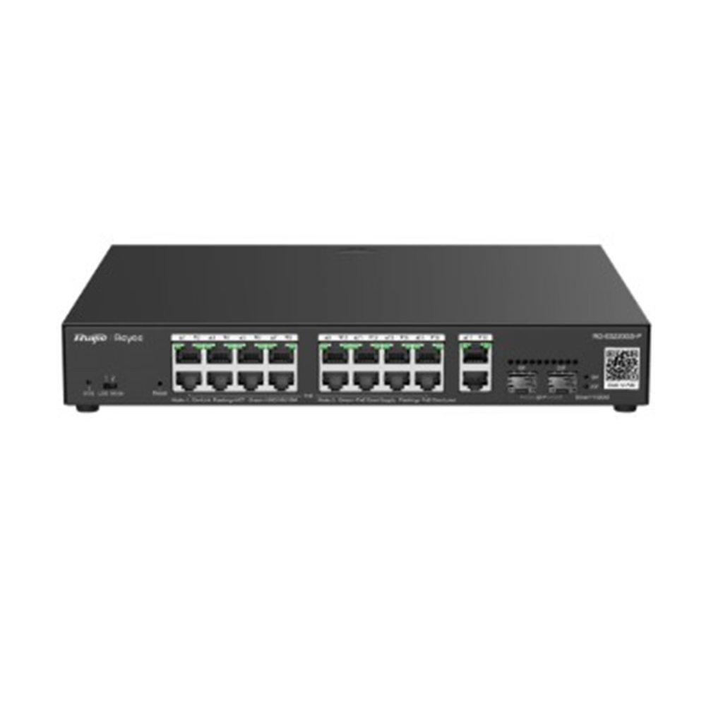 RUIJIE REYEE RG-ES220GS-LP 20Port, 16 Port Gigabit PoE, 130W, 2 Port Gİgabit Uplink, 2 Port SFP, Colud Yönetilebilir Switch Metal Kasa