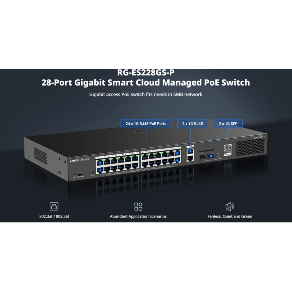 RUIJIE REYEE RG-ES228GS-P 28Port ,24 Port PoE 370W, 2Port Gİgabit Uplink, 2 Port SFP, Colud Yönetilebilir Switch Metal Kasa