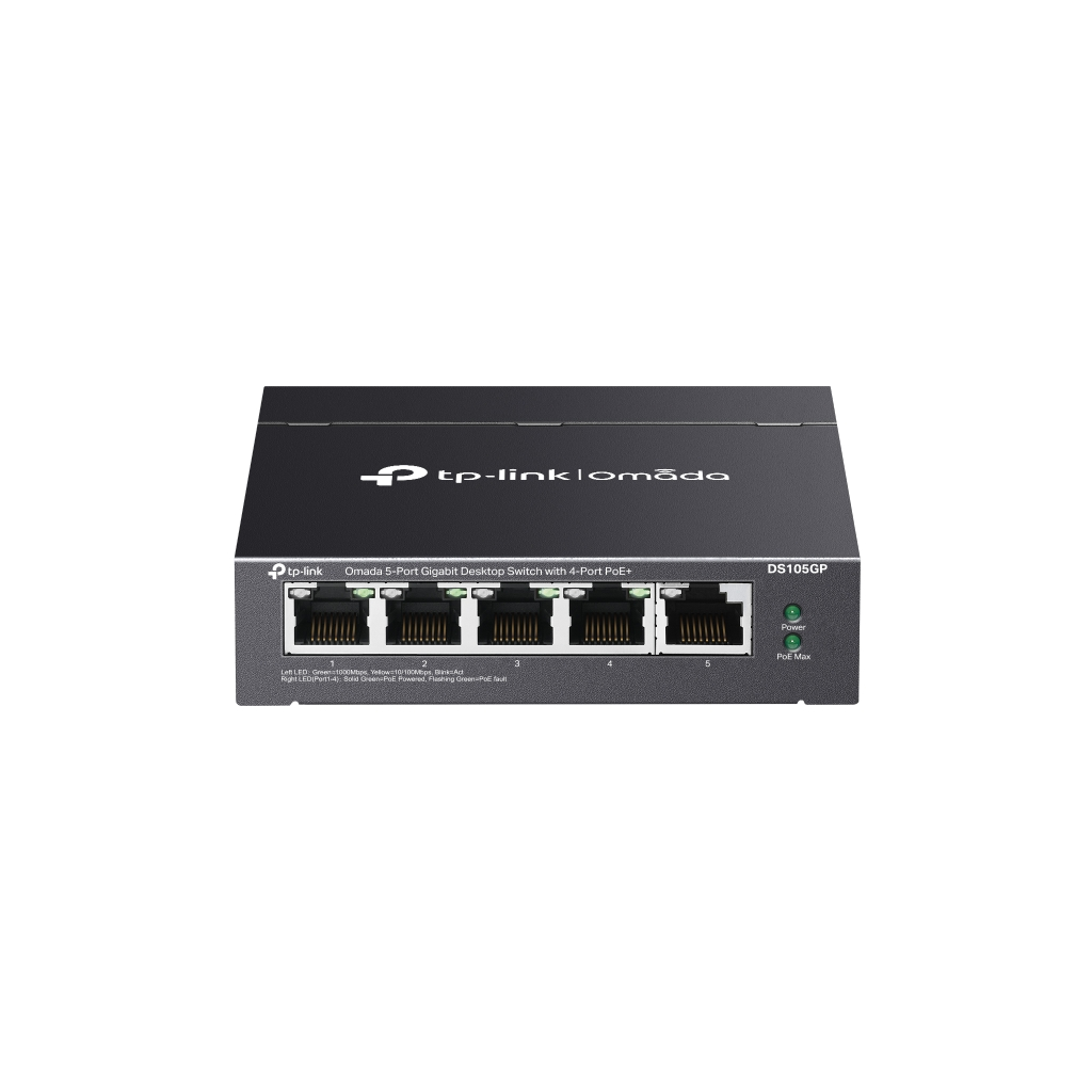 OMADA DS105GP, 5 Port Gigabit, 4 Port Gigabit PoE+, 65W, Yönetilemez, Masaüstü/Vesa Metal Kasa Sessiz Switch