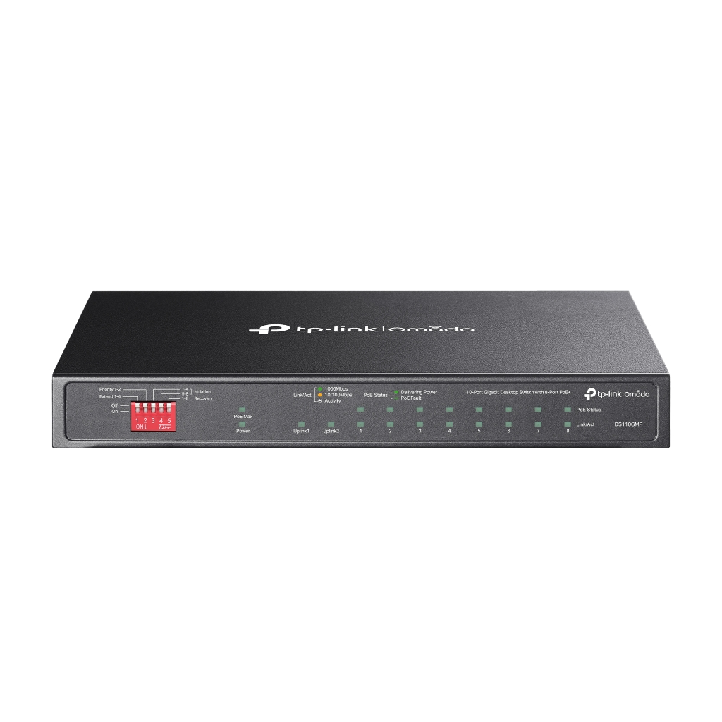 OMADA DS110GMP, 10 Port Gigabit, 8 Port Gigabit PoE+, 123W, 1 Port Combo Gigabit SFP, Yönetilemez, Metal Kasa Masaüstü Sessiz Switch