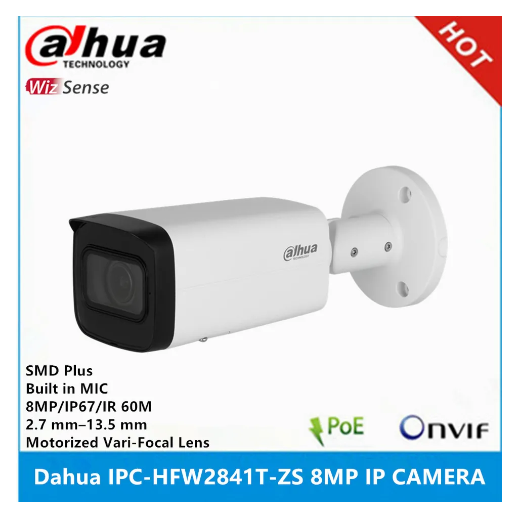 DAHUA IPC-HFW2841T-ZAS-27135, 8Mpix, 2,7-13,5mm Motorize Lens, H265+, 80Mt Gece Görüşü, Dahili Mikrofon, Starlight, IP67, PoE Bullet IP Kamera