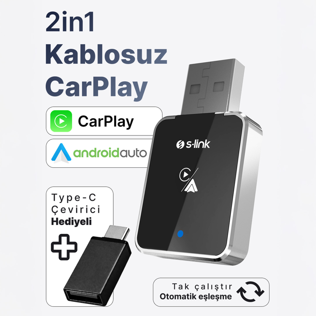 S-LINK SL-CAR01, 2in1 Android ve Apple Cihazlar, Kablosuz Android Auto ve Carplay Adaptörü