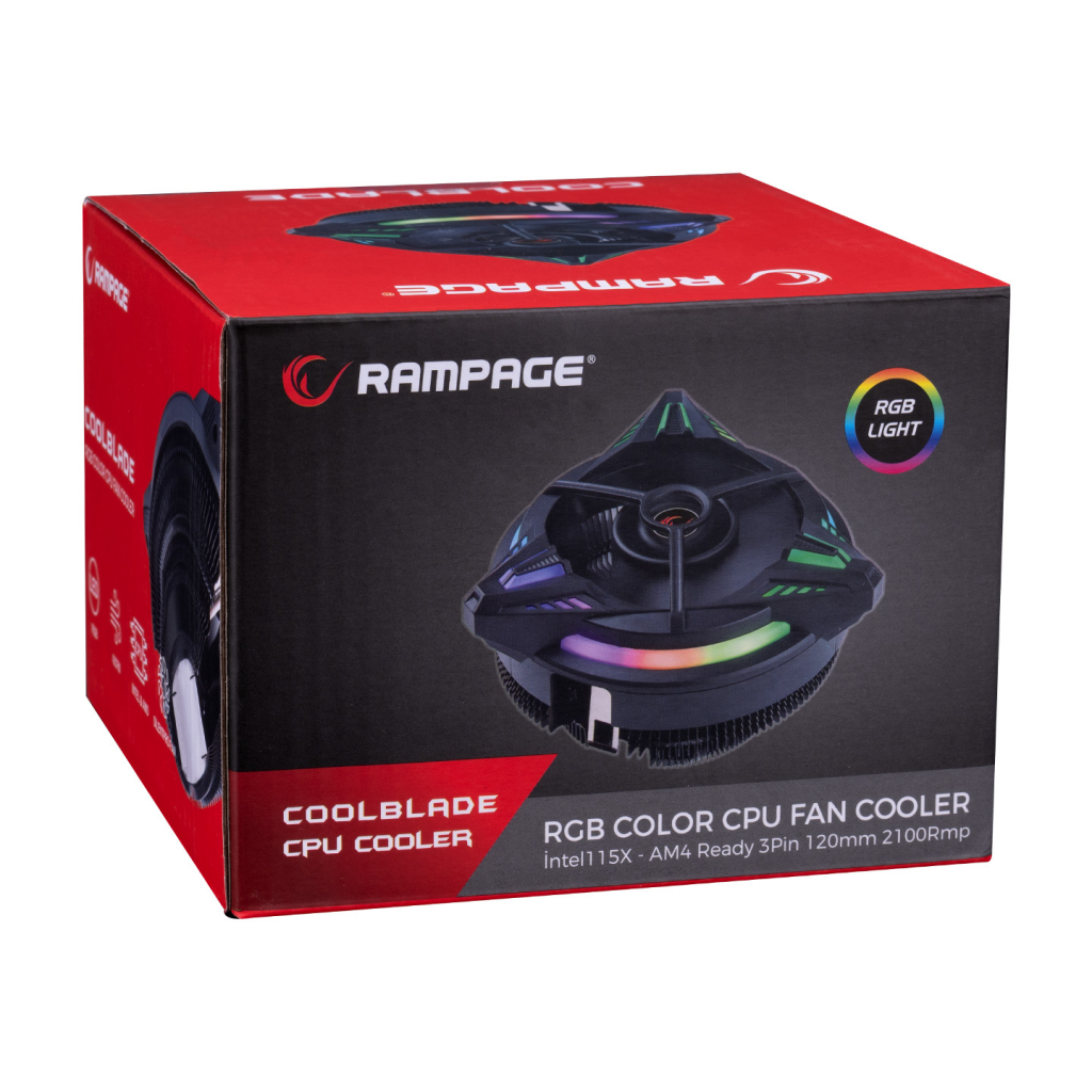 RAMPAGE COOLBLADE RM-C03, Rainbow, 12cm, RGB CPU Hava Soğutma (AMD ve INTEL Tüm İşlemcilere Uyumlu)