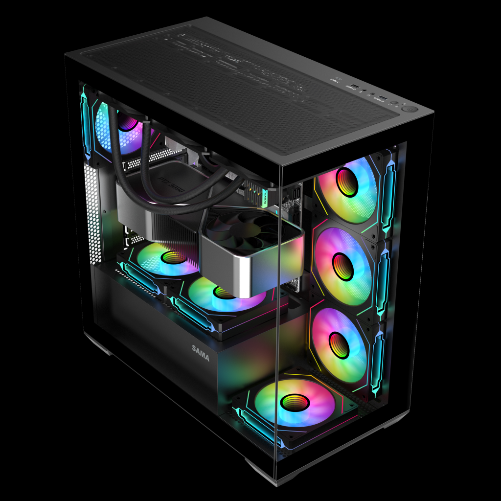 SAMA SV01BK Black, B750BK 750W, 80+ Bronze, PCIE 5.1, ATX3.1, Tempered Glass Panel, Panoramic Tasarım, Type-C, 4x120mm ARGB Fan, ATX, GAMING KASA