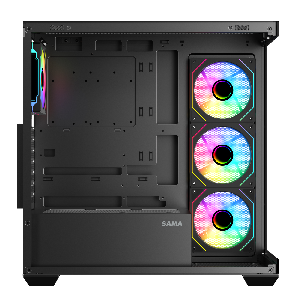 SAMA SV01BK Black, B750BK 750W, 80+ Bronze, PCIE 5.1, ATX3.1, Tempered Glass Panel, Panoramic Tasarım, Type-C, 4x120mm ARGB Fan, ATX, GAMING KASA