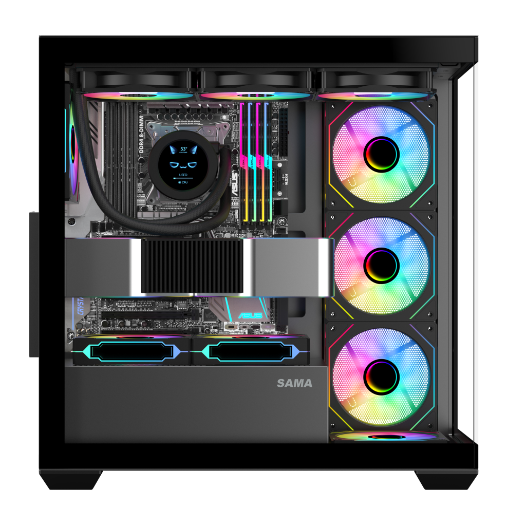 SAMA SV01BK Black, B750BK 750W, 80+ Bronze, PCIE 5.1, ATX3.1, Tempered Glass Panel, Panoramic Tasarım, Type-C, 4x120mm ARGB Fan, ATX, GAMING KASA