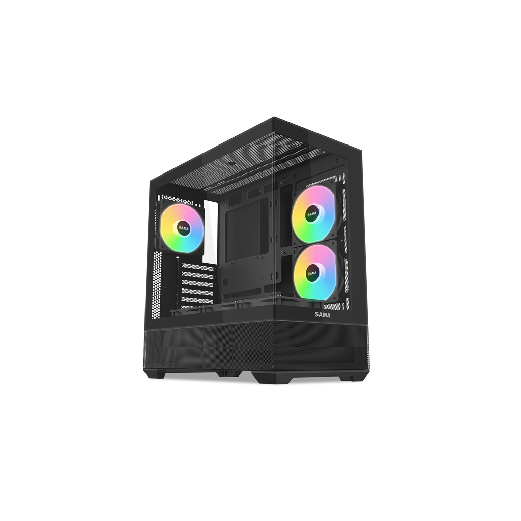 SAMA V40BK Black, B750BK 750W, 80+ Bronze, PCIE 5.1, ATX3.1, Tempered Glass Panel, Panoramic Tasarım, Type-C, 6x120mm ARGB Fan, ATX, GAMING KASA