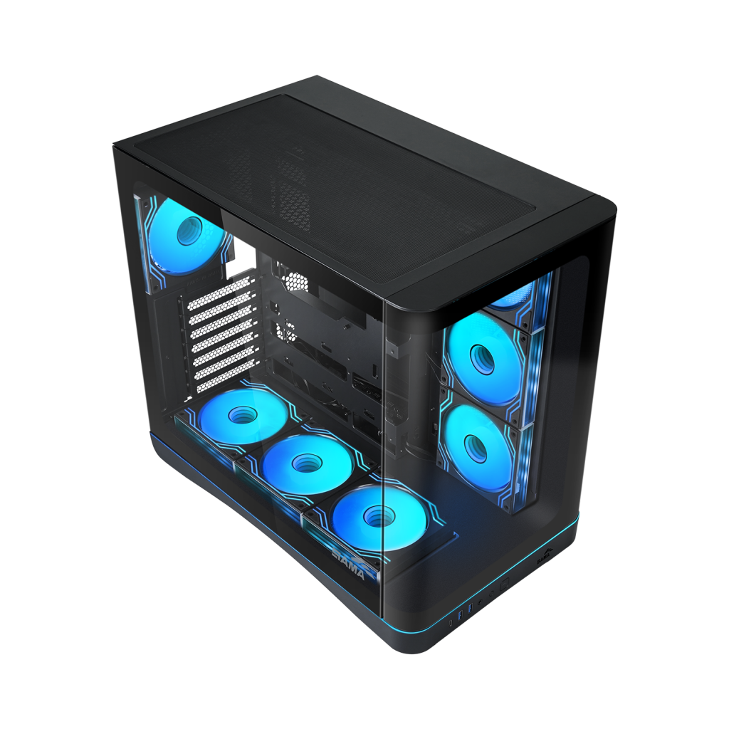 SAMA V62BK Black, B850BK 850W, 80+ Bronze, PCIE 5.1, ATX3.1, Tempered Glass Panel, Panoramic Tasarım, Type-C, 7x120mm ARGB INFINITY Fan, ATX, GAMING KASA