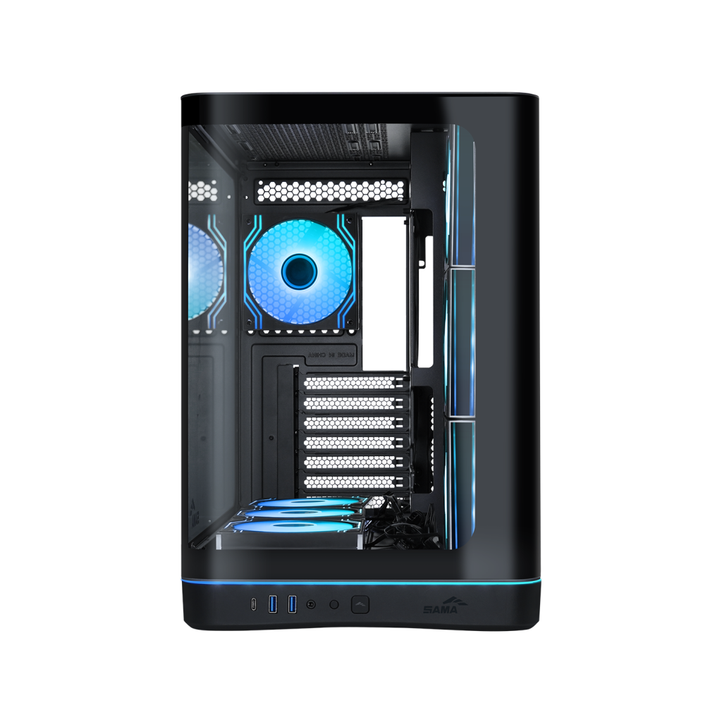 SAMA V62BK Black, B850BK 850W, 80+ Bronze, PCIE 5.1, ATX3.1, Tempered Glass Panel, Panoramic Tasarım, Type-C, 7x120mm ARGB INFINITY Fan, ATX, GAMING KASA