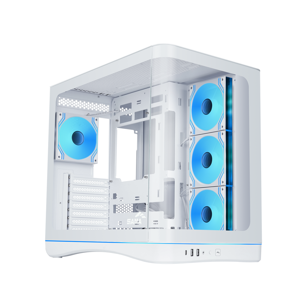 SAMA V62WH White, G1000WH 1000W, 80+ Gold, Full Modüler, PCIE 5.1, ATX3.1, Tempered Glass Panel, Panoramic Tasarım, Type-C, 7x120mm ARGB INFINITY Fan, ATX, GAMING KASA