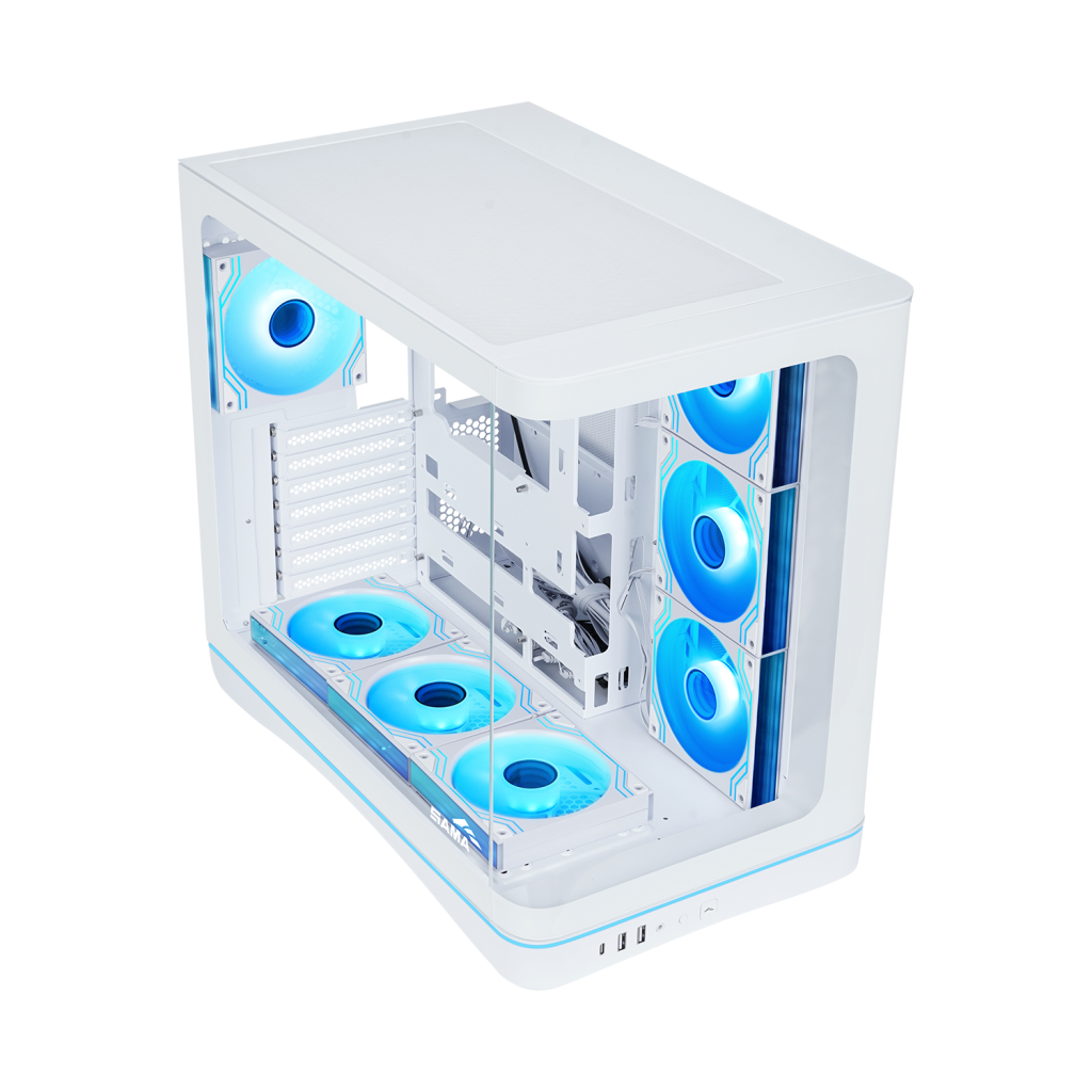 SAMA V62WH White, G1000WH 1000W, 80+ Gold, Full Modüler, PCIE 5.1, ATX3.1, Tempered Glass Panel, Panoramic Tasarım, Type-C, 7x120mm ARGB INFINITY Fan, ATX, GAMING KASA