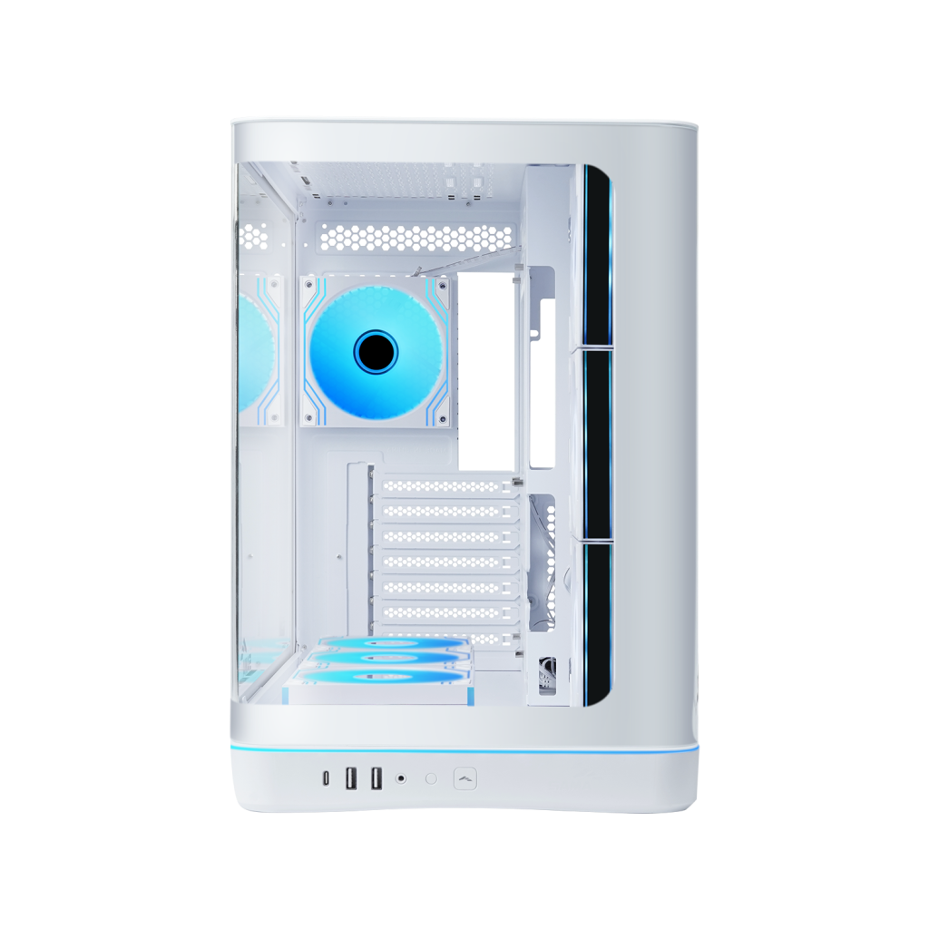 SAMA V62WH White, G1000WH 1000W, 80+ Gold, Full Modüler, PCIE 5.1, ATX3.1, Tempered Glass Panel, Panoramic Tasarım, Type-C, 7x120mm ARGB INFINITY Fan, ATX, GAMING KASA