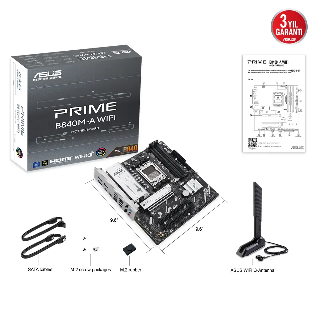 ASUS PRIME B840M-A WIFI, 4xDDR5, 3x M.2, HDMI, 2x DP, Type-C, WI-FI 6E, Bluetooth 5.3, AM5 Soket GAMING Anakart