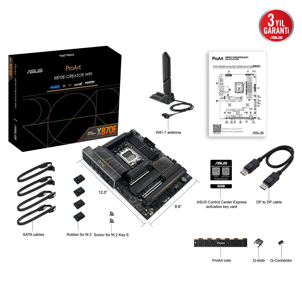 ASUS PROART X870E-CREATOR WIFI, 4xDDR5, 4xM.2, HDMI, DP, Type-C, PCIe 5.0, Wi-Fi 7, Bluetooth v5.4, AM5 Soket GAMING Anakart