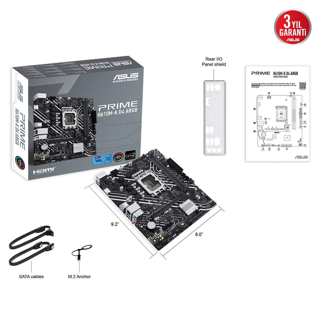 ASUS PRIME H610M-K D4 ARGB, 2xDDR4, M.2, HDMI, 12-13.14.Nesil, LGA1700 Soket, Anakart