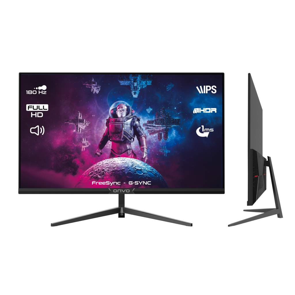 ONVO OV27MNT202G, 27" 1ms, 180Hz, Full HD, HDMI, DP, 2x2W Hoparlör, Metal Ayak, IPS Panel, NVDI G-Sync ve AMD FreeSync, GAMING Monitör