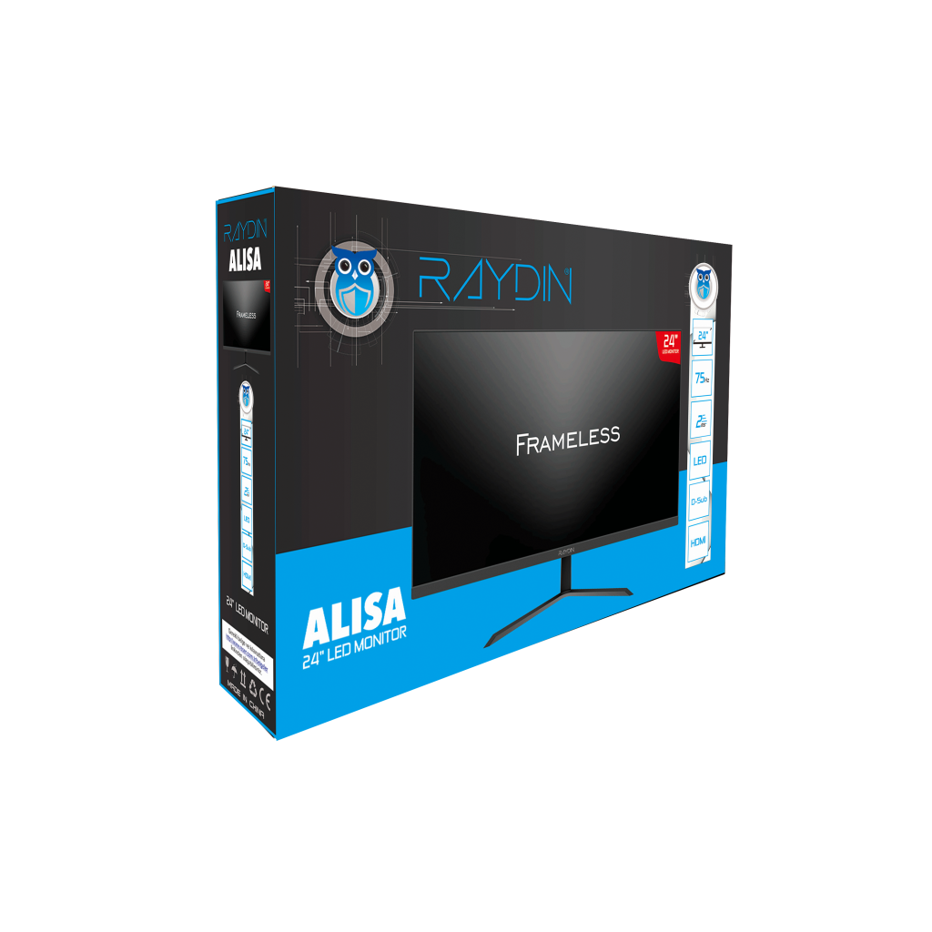 RAYDIN ALISA, 24", 2ms, 75Hz, Full HD, 250 nits, D-Sub, HDMI, Frameless, VA LED Monitör (Siyah)