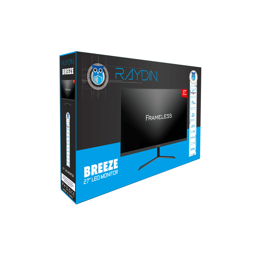 RAYDIN BREEZE, 27", 2ms, 75Hz, Full HD, 250 nits, D-Sub, HDMI, Frameless, VA LED Monitör (Siyah)