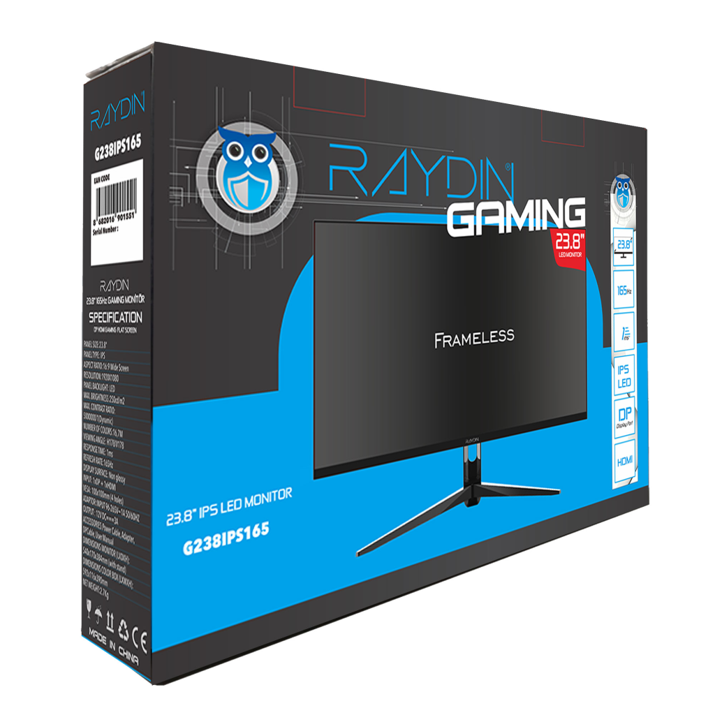 RAYDIN G238IPS165, 23.8", 1ms, 165Hz, Full HD, 300 nits, HDMI, DP, USB, Hoparlör, IPS LED, Frameless, FreeSync Gaming Monitör