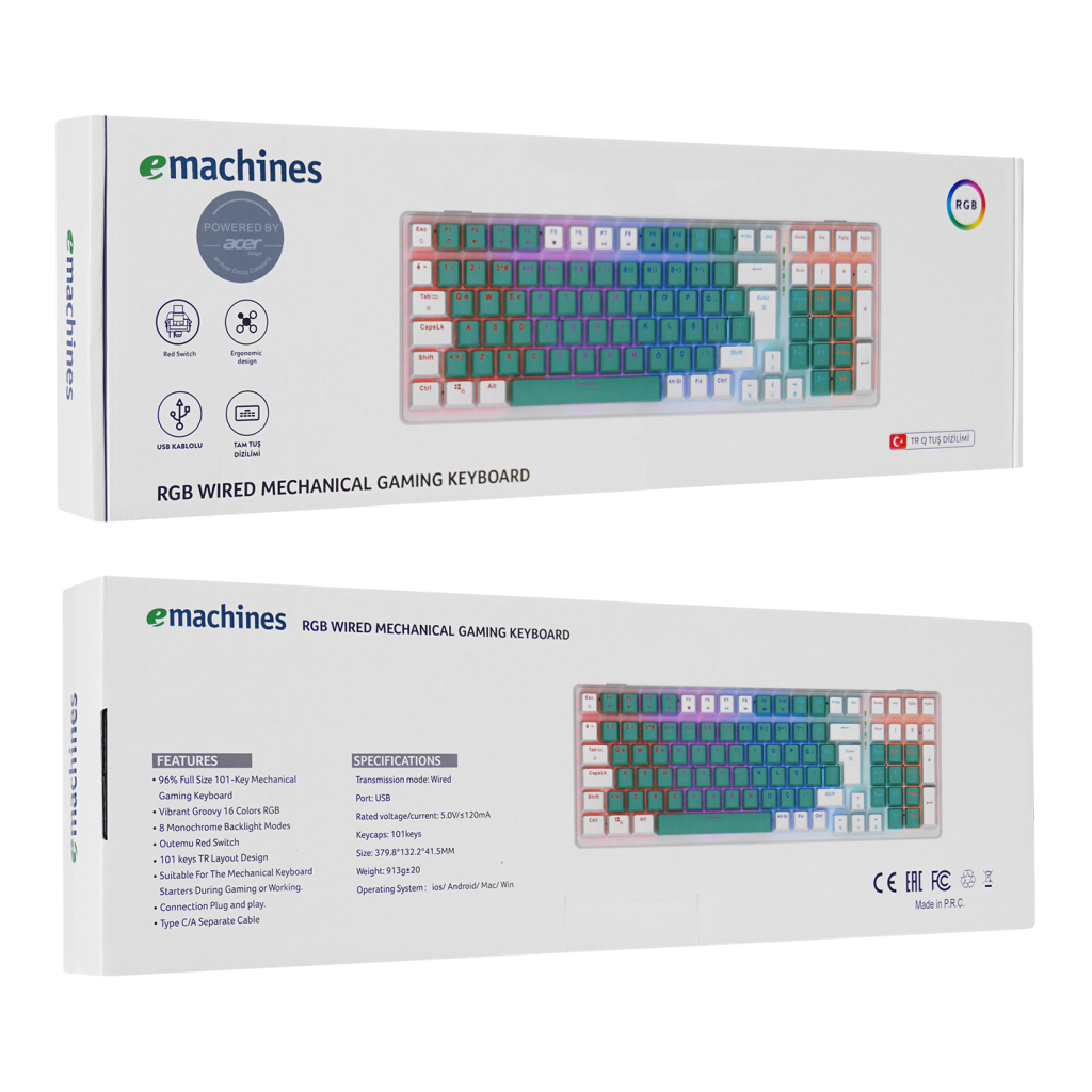 ACER eMachines, EAK100, Yeşil/Beyaz, USB Kablolu, RGB Backlight, RED Mekanik Switch, Türkçe Q, 100 Tuşlu, Gaming Klavye