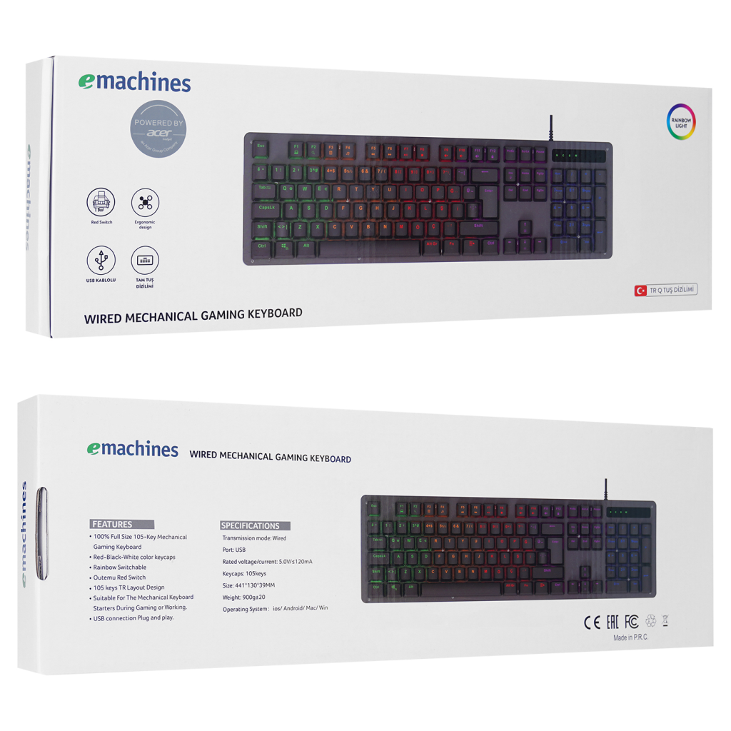 ACER eMachines, EAK104, Siyah, USB Kablolu, RGB Backlight, RED Mekanik Switch, Türkçe Q, 104 Tuşlu, Gaming Klavye