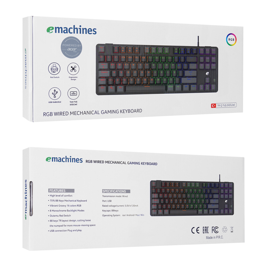 ACER eMachines, EAK87, Siyah/Gri, USB Kablolu, RGB Backlight, RED Mekanik Switch, Türkçe Q, 87 Tuşlu, Gaming Klavye