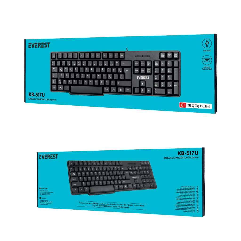 EVEREST KB-517U, USB Kablolu, Türkçe Q, Standart Klavye (Siyah)