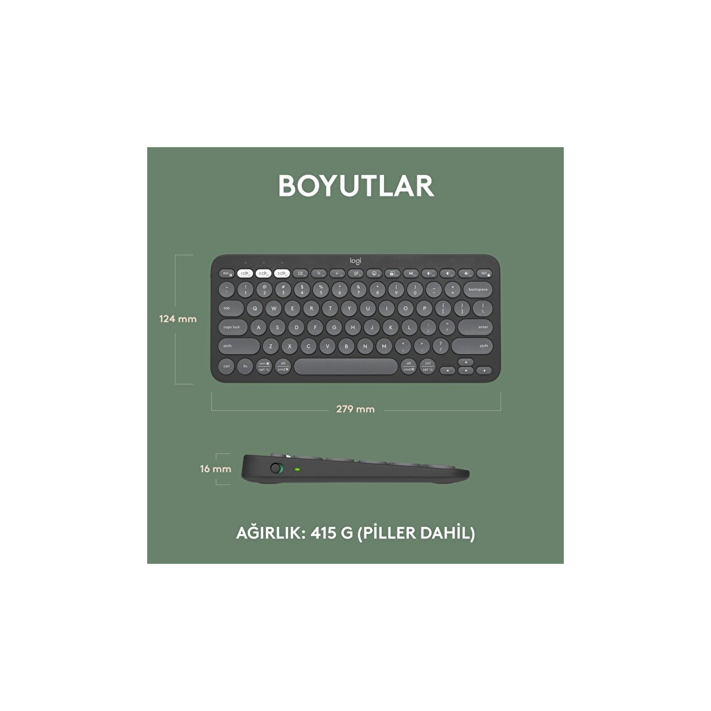LOGITECH K380S, Pebble Keys 2, Siyah, 920-011859, Bluetooth, Türkçe, Q, Multimedya, Mini Klavye