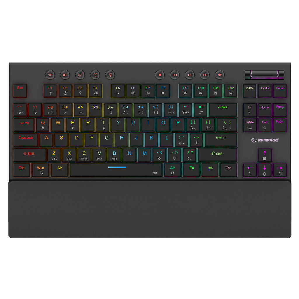 RAMPAGE BERU, Siyah, 2.4Ghz ve Bluetooth Kablosuz, RGB Lighting, RED Mekanik Switch, ABS Case, 1000mAh Bataryalı Gaming Klavye