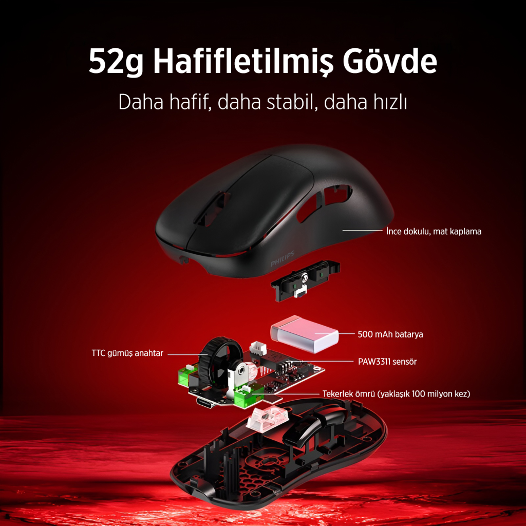 PHILIPS SPK9418B, EVNIA, Siyah, USB Nano 2,4Gh ve Bluetooth Kablosuz, 12.000dpi, Optic, 6 Programlanabilir Buton, Şarj Edilebilir, GAMING Mouse