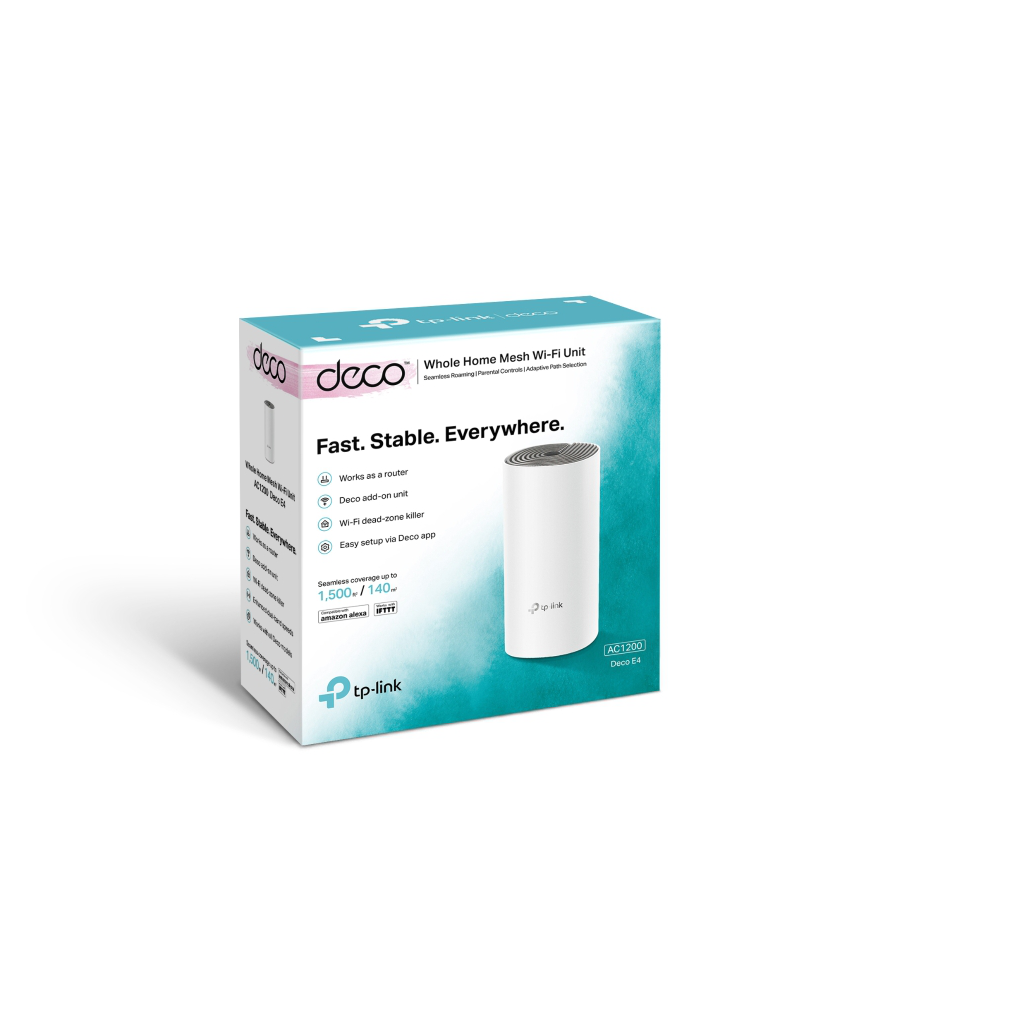 TP-LINK DECO E4, AC1200, Tekli Mesh, 1200Mbps, Dual Band, 2Port Megabit Lan, 140m2 Çekim Alanı, Router, Geniş Alan İnternet Ağı Sağlayıcısı