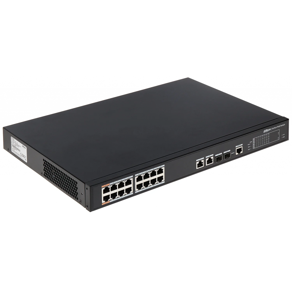DAHUA PFS4218-16ET-240-V2, 16 Port, MegaBit, PoE 240W, 2 Port GigaBit Uplink, 2 Port GigaBit Combo SFP, Yönetilebilir, Rack Mount Switch
