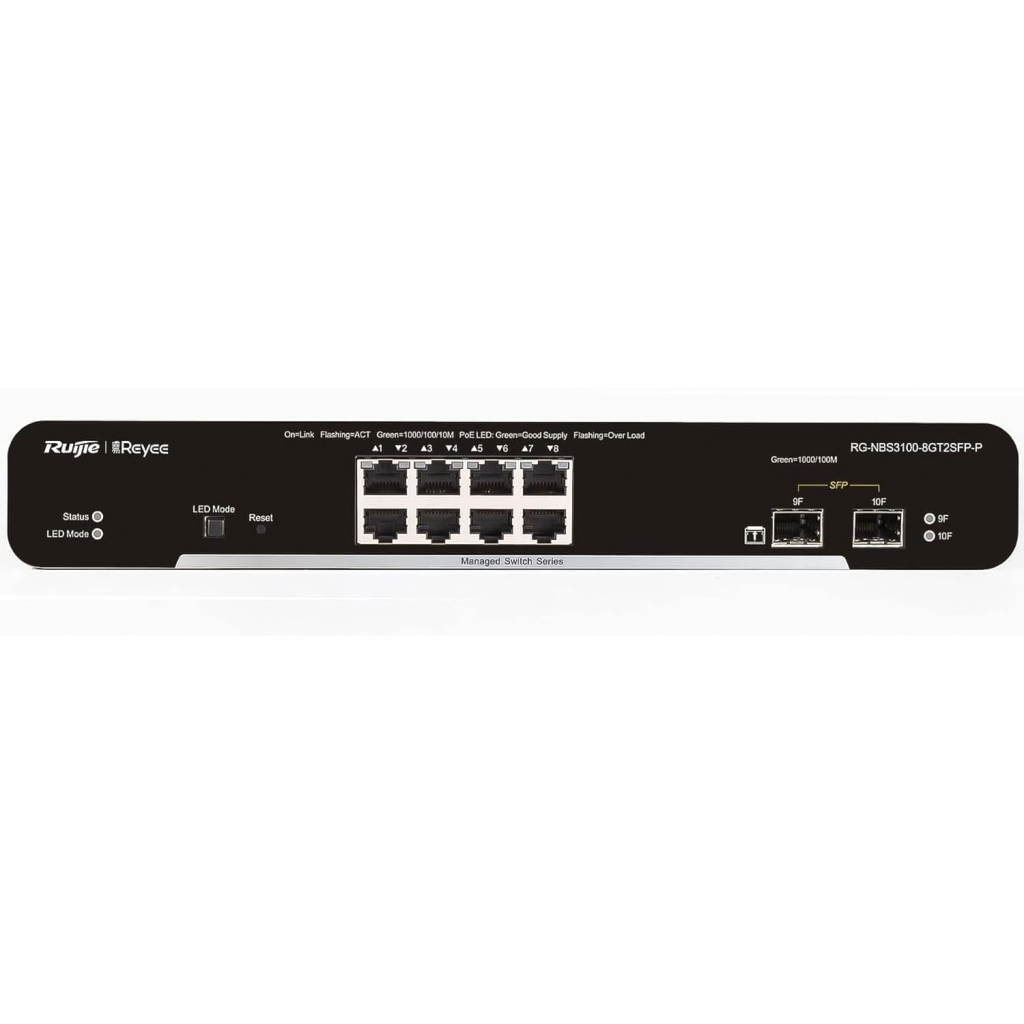 RUIJIE REYEE RG-NBS3100-8GT2SFP-P-V2, 8 Port, GigaBit, 8Port PoE, 125W, 2Port SFP, L2 Yönetilebilir, Metal Kasa, Masaüstü, Switch