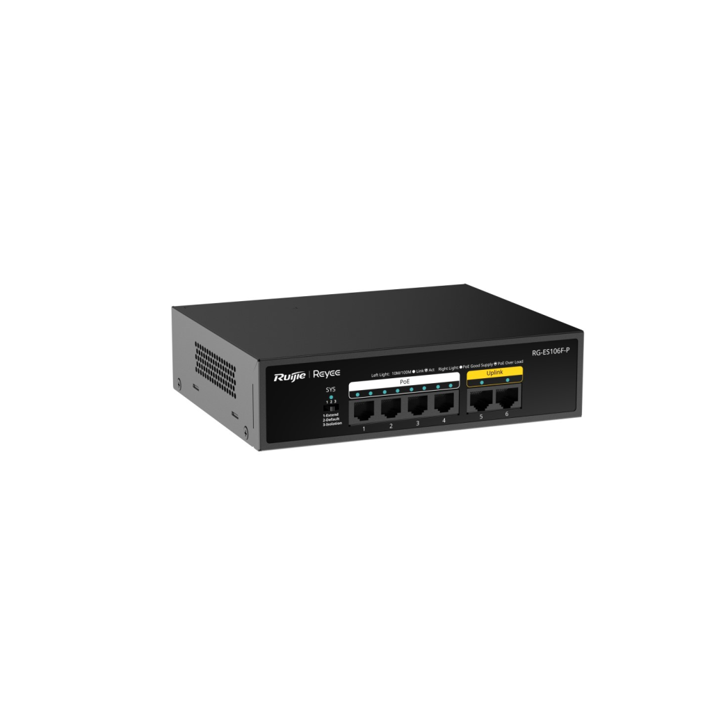 RUIJIE REYEE RG-ES106F-P 6 Port Megabit Tak Çalıştır Switch, 2 Fast Ethernet Uplink, 4 Port PoE+ (54W)