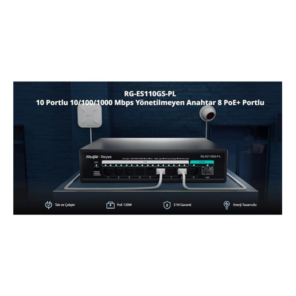 RUIJIE REYEE RG-ES110GS-P-L 10 Port, 8 Port Gigabit PoE, 120W, 1 Port SPF, 1 Port Gigabit Uplink, Switch