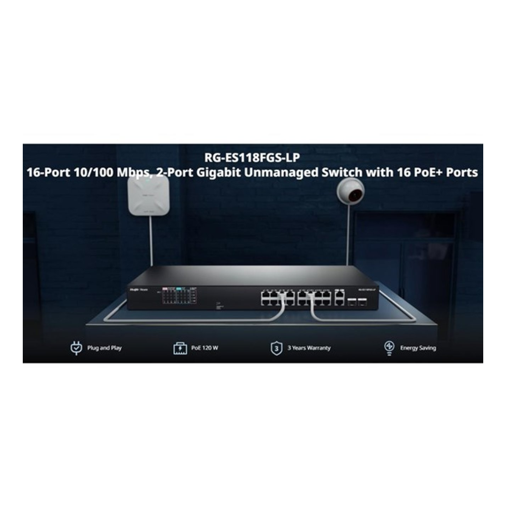 RUIJIE REYEE RG-ES118FGS-LP 18 Port, 16 Port Megabit PoE, 120W, 2 Port Gigabit COMBO, Switch Metal Kasa