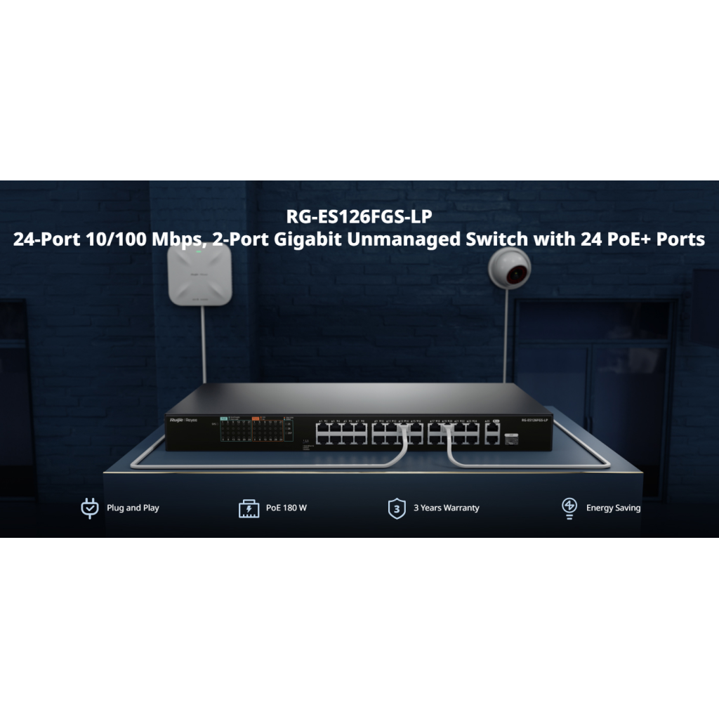 RUIJIE REYEE RG-ES126FGS-LP 26 Port, 24 Port Megabit PoE, 180W, 2 Port Gigabit Uplink, 1 Port Gigabit COMBO, Switch Metal Kasa