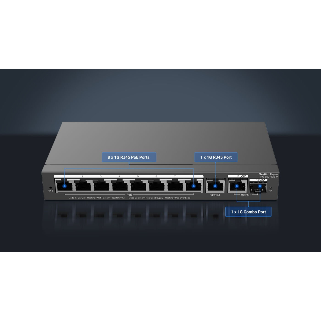 RUIJIE REYEE RG-ES210GS-P 10Port GigaBit ,8X PoE 120W, 1 Port Gİgabit Uplink, 1 Gİgabit Combo, Colud Yönetilebilir Switch Metal Kasa