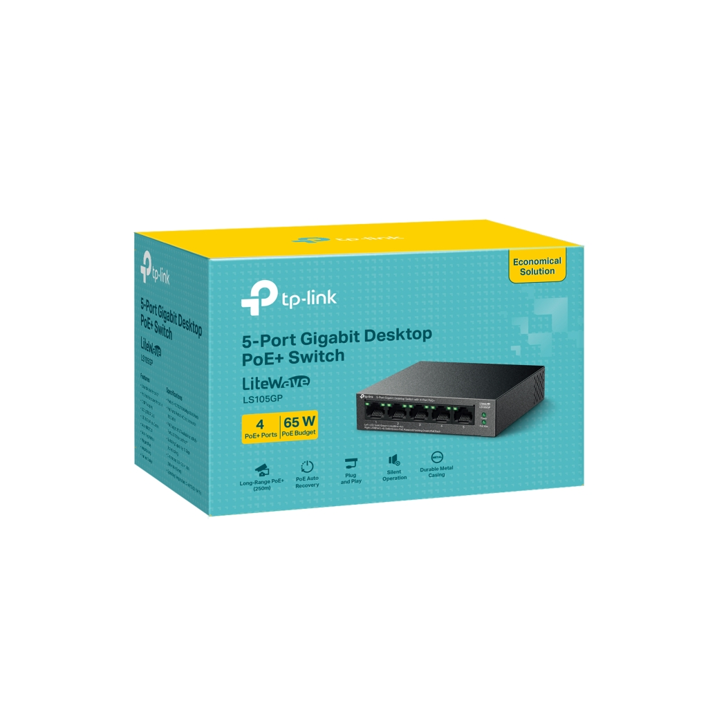 TP-LINK LS105GP, Green Tech, 5 Port, GigaBit, 4 Port PoE 65W, Metal Kasa, Yönetilemez, Masaüstü Switch