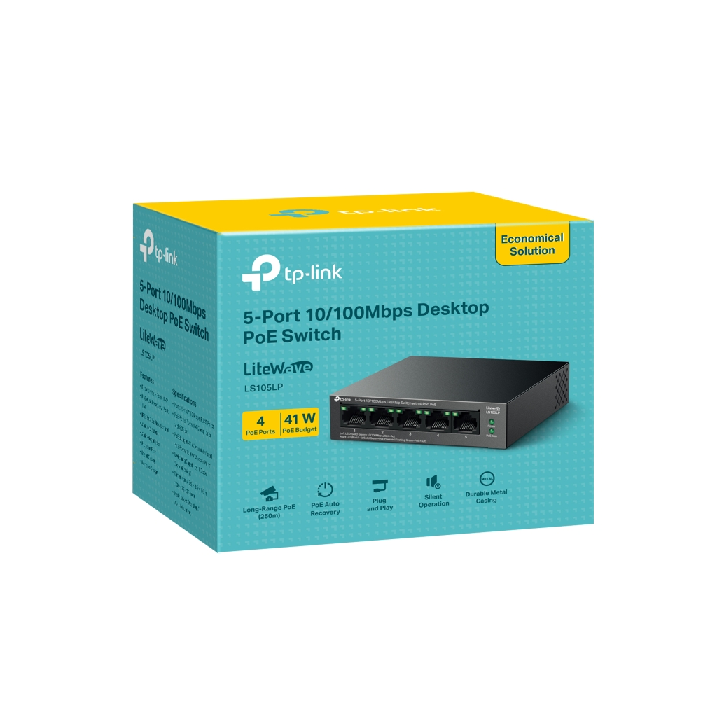 TP-LINK LS105LP, Green Tech, 5 Port, MegaBit, 4 Port PoE 41W, Metal Kasa, Yönetilemez, Masaüstü Switch