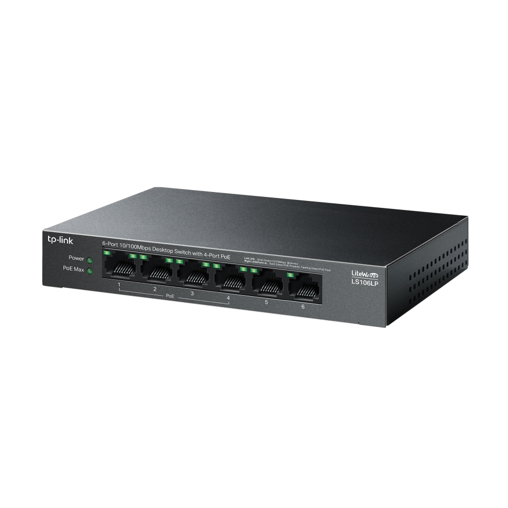 TP-LINK LS106LP, Green Tech, 6 Port, MegaBit, 4 Port PoE 41W, Metal Kasa, Yönetilemez, Masaüstü Switch