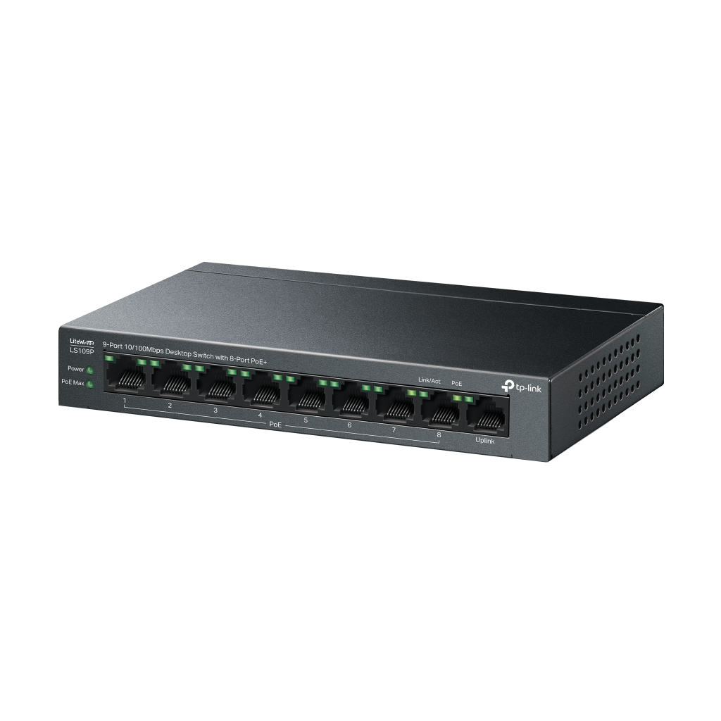 TP-LINK LS109P, Green Tech, 8 Port MegaBit, POE 63W, 1 Port Uplink, Long Range 250Mt, Yönetilemez, Metal Kasalı Switch