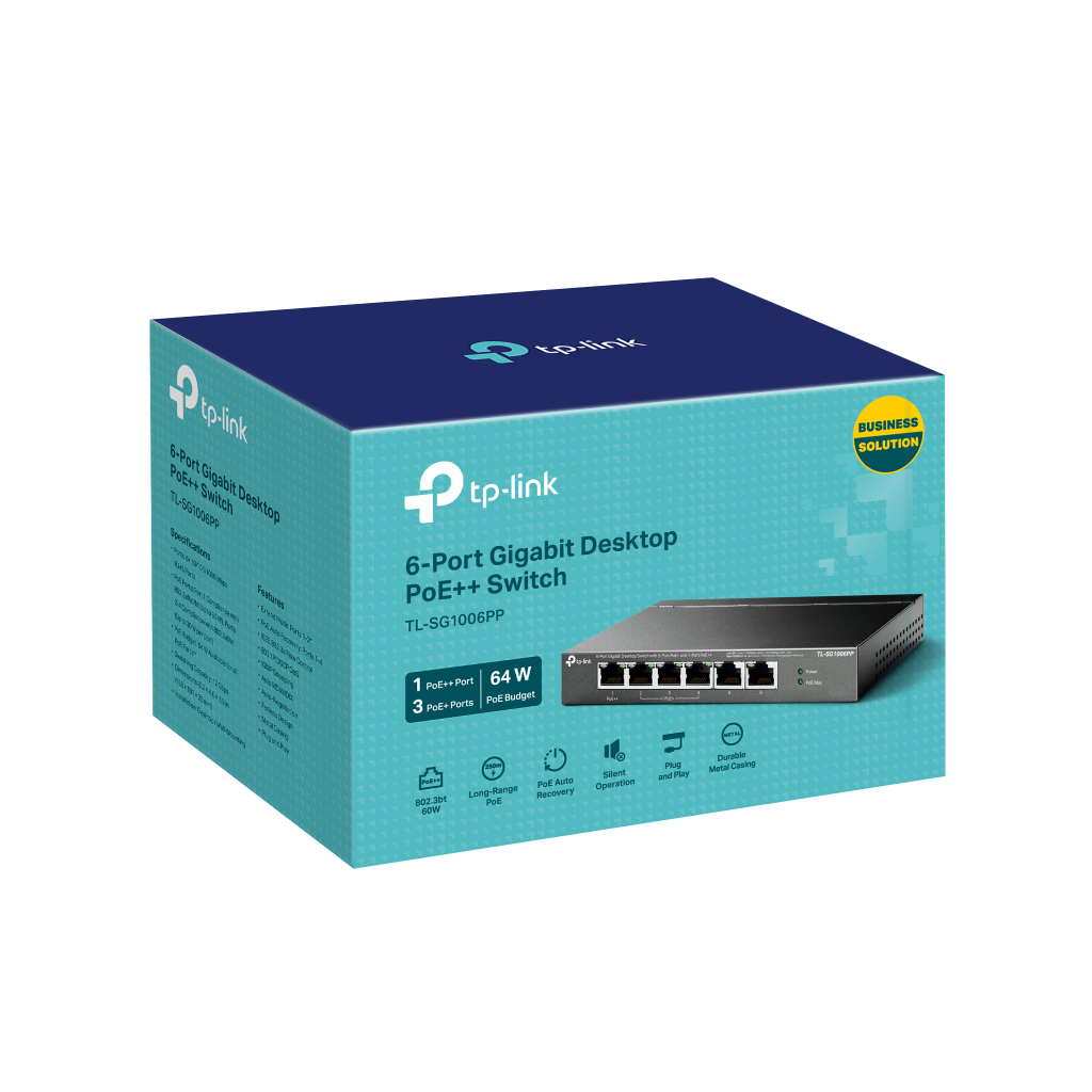 TP-LINK TL-SG1006PP, 6 Port, GigaBit, 4 Port PoE 64W, Yönetilemez, Metal Kasa, Masaüstü Switch
